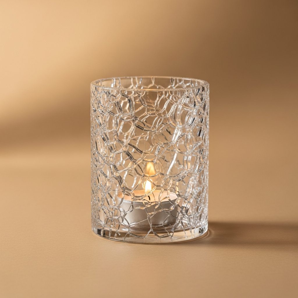 Windlicht aus Glas mit eisartig strukturierter Wandung